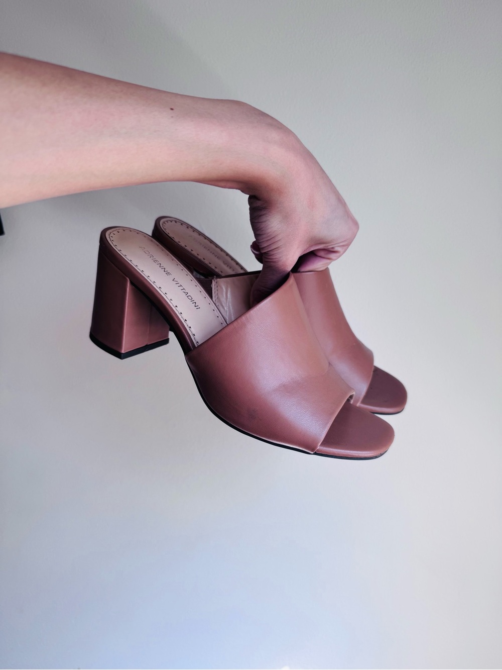 Adrienne Vittadini Taupe Open-Toe Block Heel Mules